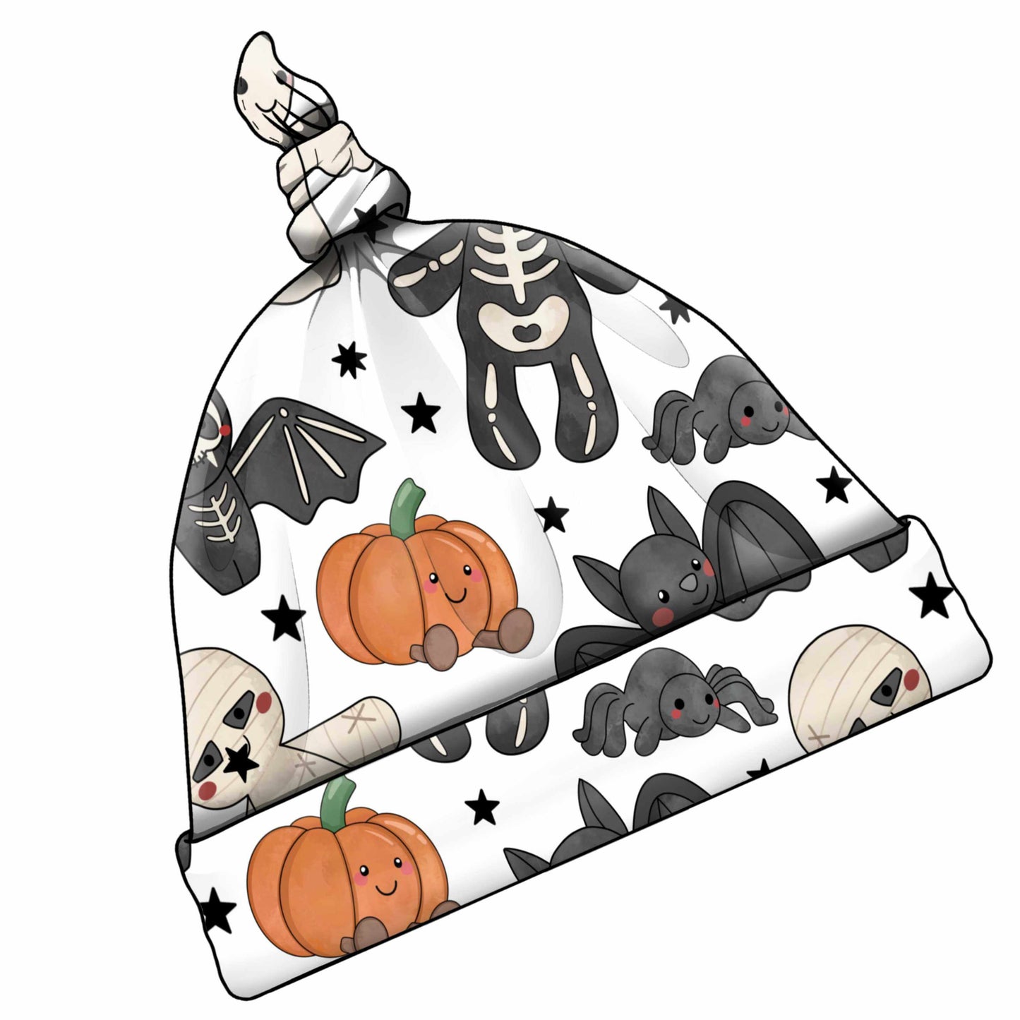 A baby beanie hat with a knotted top and an all-over Halloween print featuring cartoon pumpkins, bats, skeletons, and bandages on a white background.