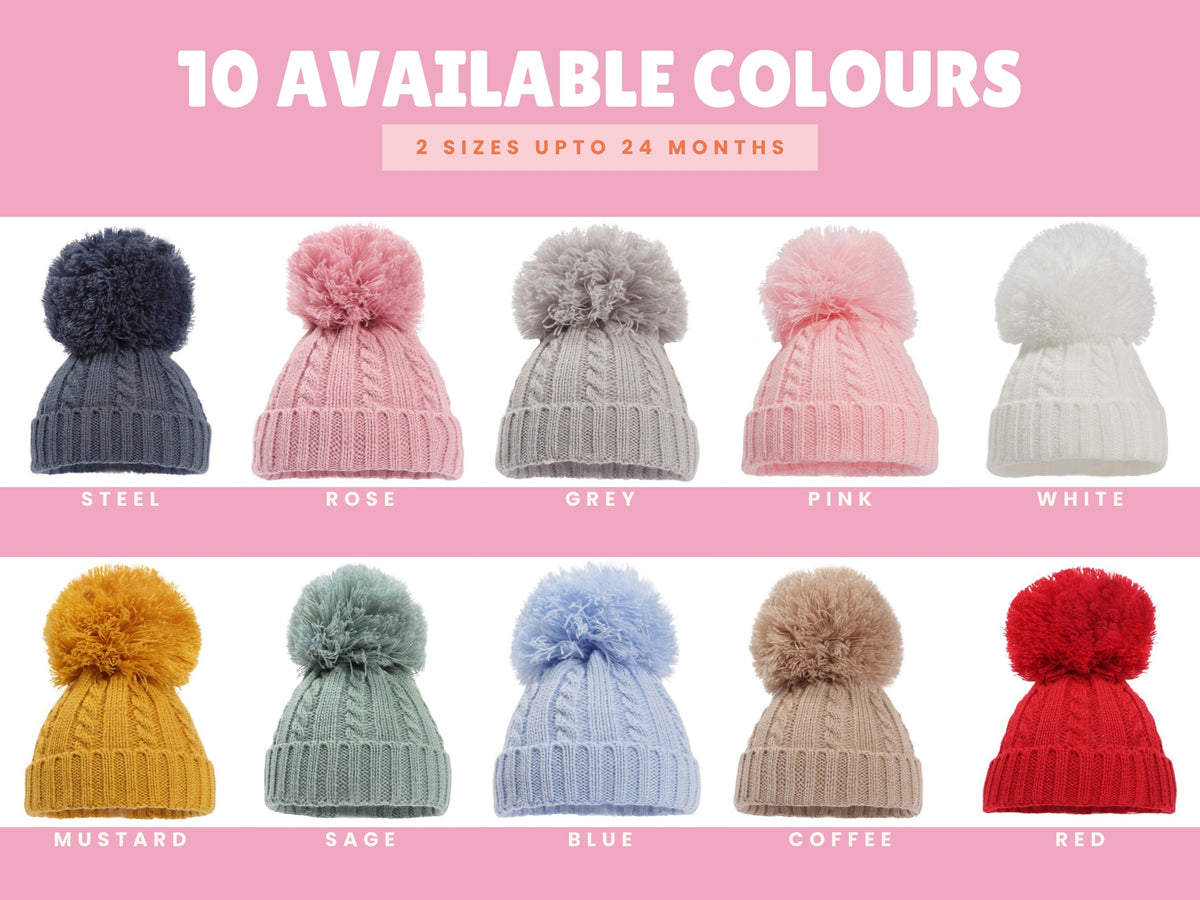 a custom graphic showing all knit hat colours. hats are available in Steel Blue, Rose Pink, Grey, Pink, Red, White, Mustard Yellow, Sage Green, Blue, Coffee. Embroidered with any name in ages 0-12 months and 12-24 months.