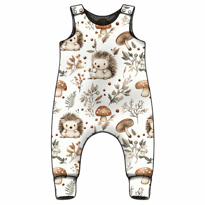 Baby romper with hedgehog and mushroom pattern on a white background