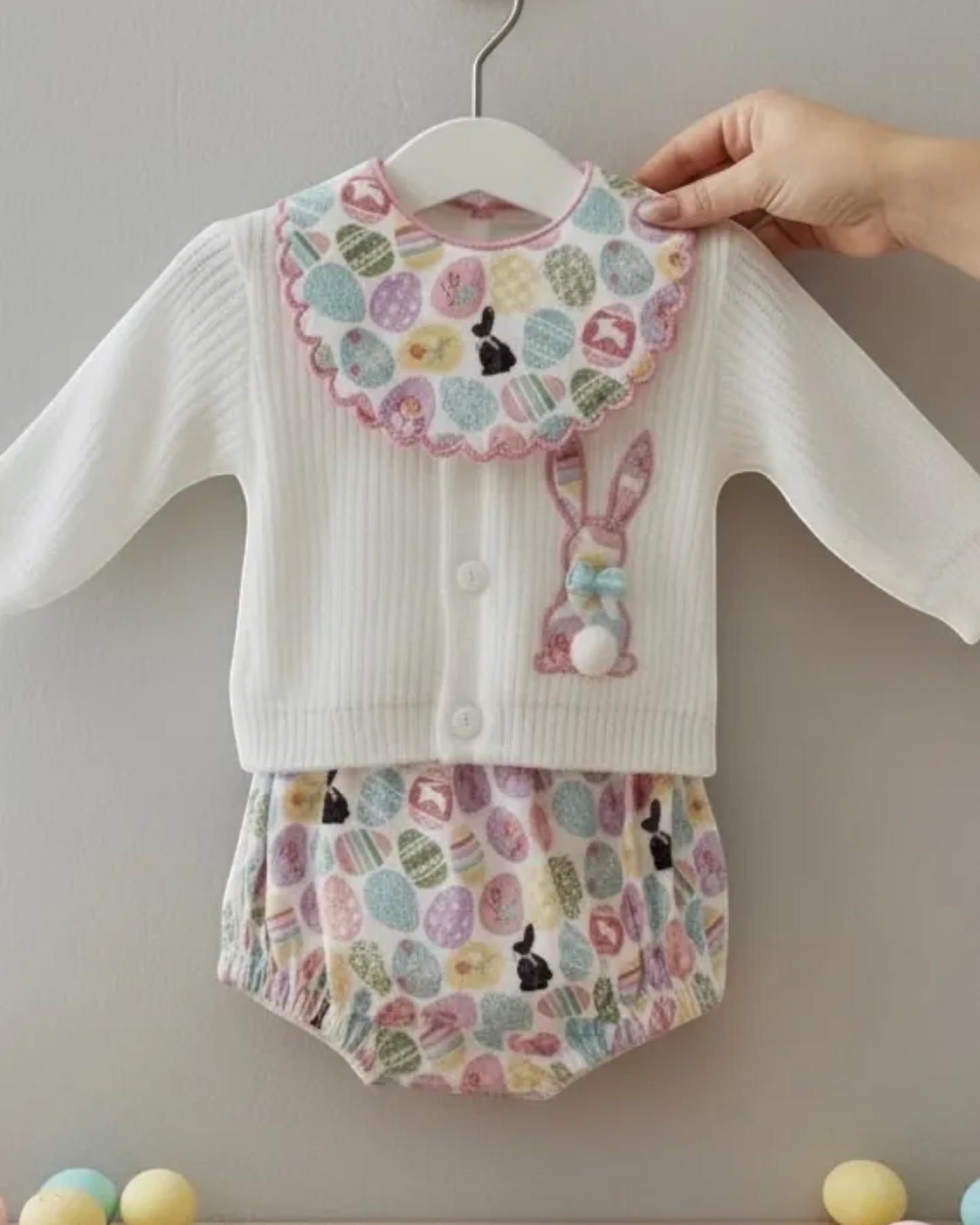 Little Bunny 3-Piece Baby Outfit – Embroidered Cardigan, Handmade Bib & Bloomers | Newborn & 0-3 Months