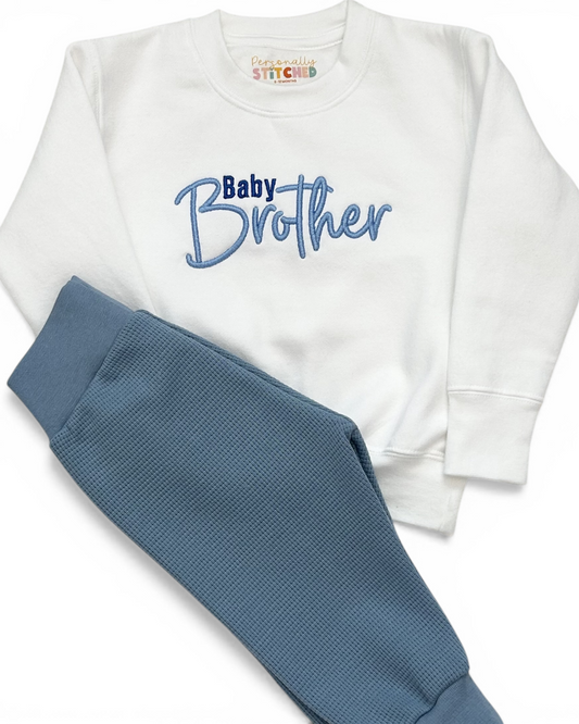 6-9 Months | Baby Brother Outfit | Waffle Knit Pants & Puff Embroidered Sweatshirt | READY TO POST
