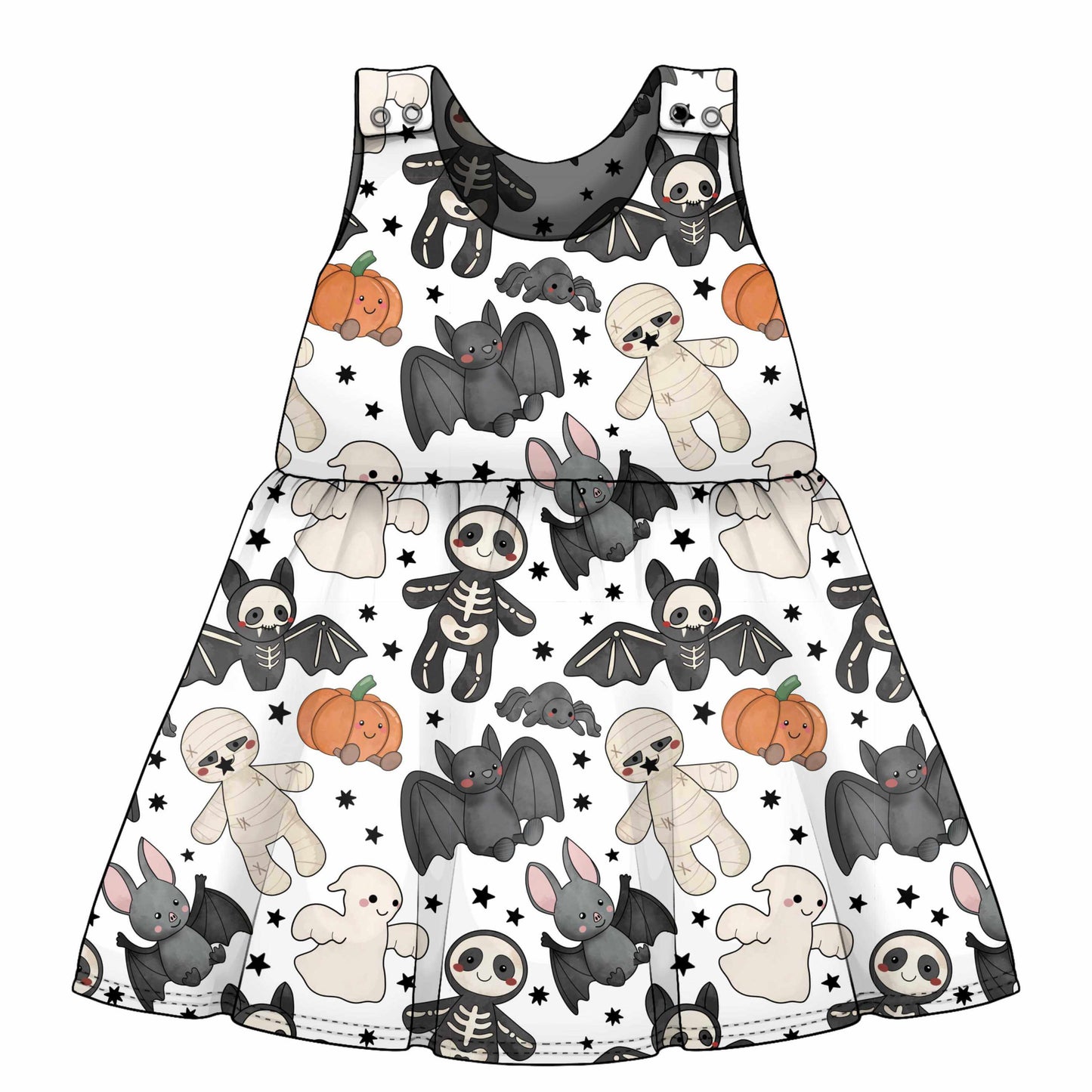 A sleeveless tiered dress with a white background and a Halloween-themed print featuring cartoon bats, skeletons, ghosts, teddy bears, and pumpkins.