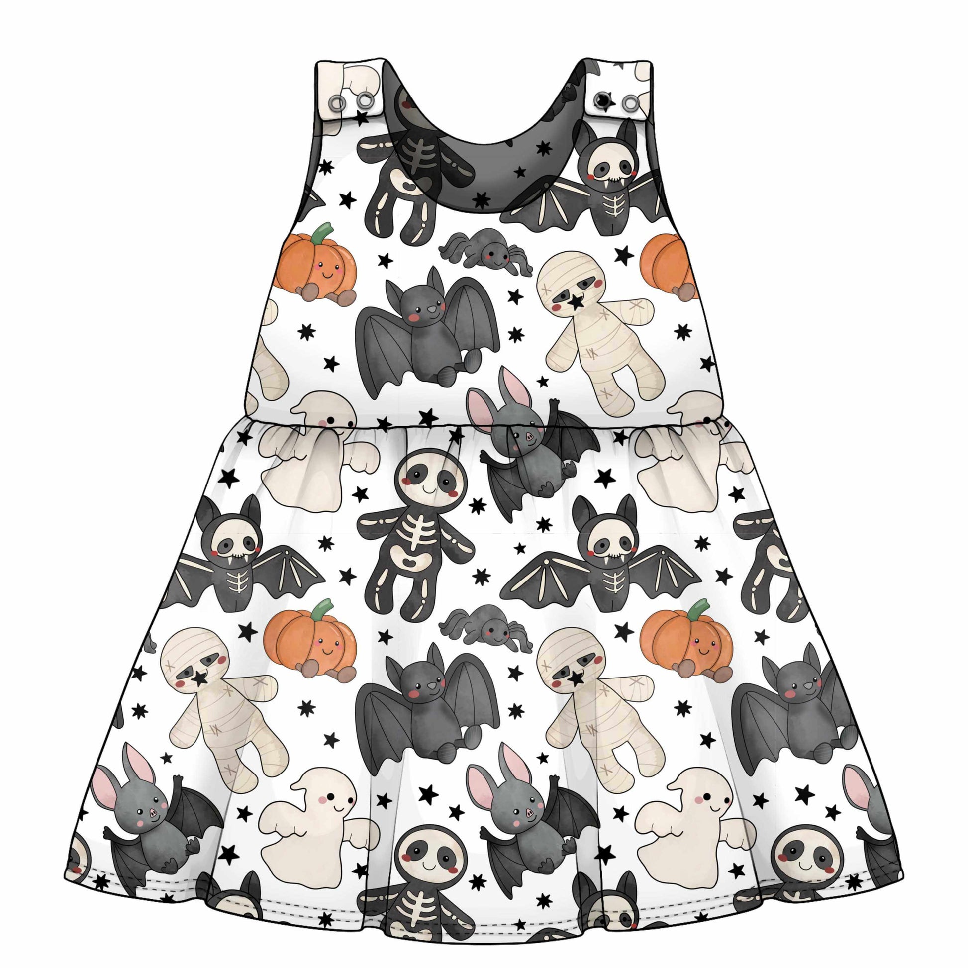 A sleeveless tiered dress with a white background and a Halloween-themed print featuring cartoon bats, skeletons, ghosts, teddy bears, and pumpkins.