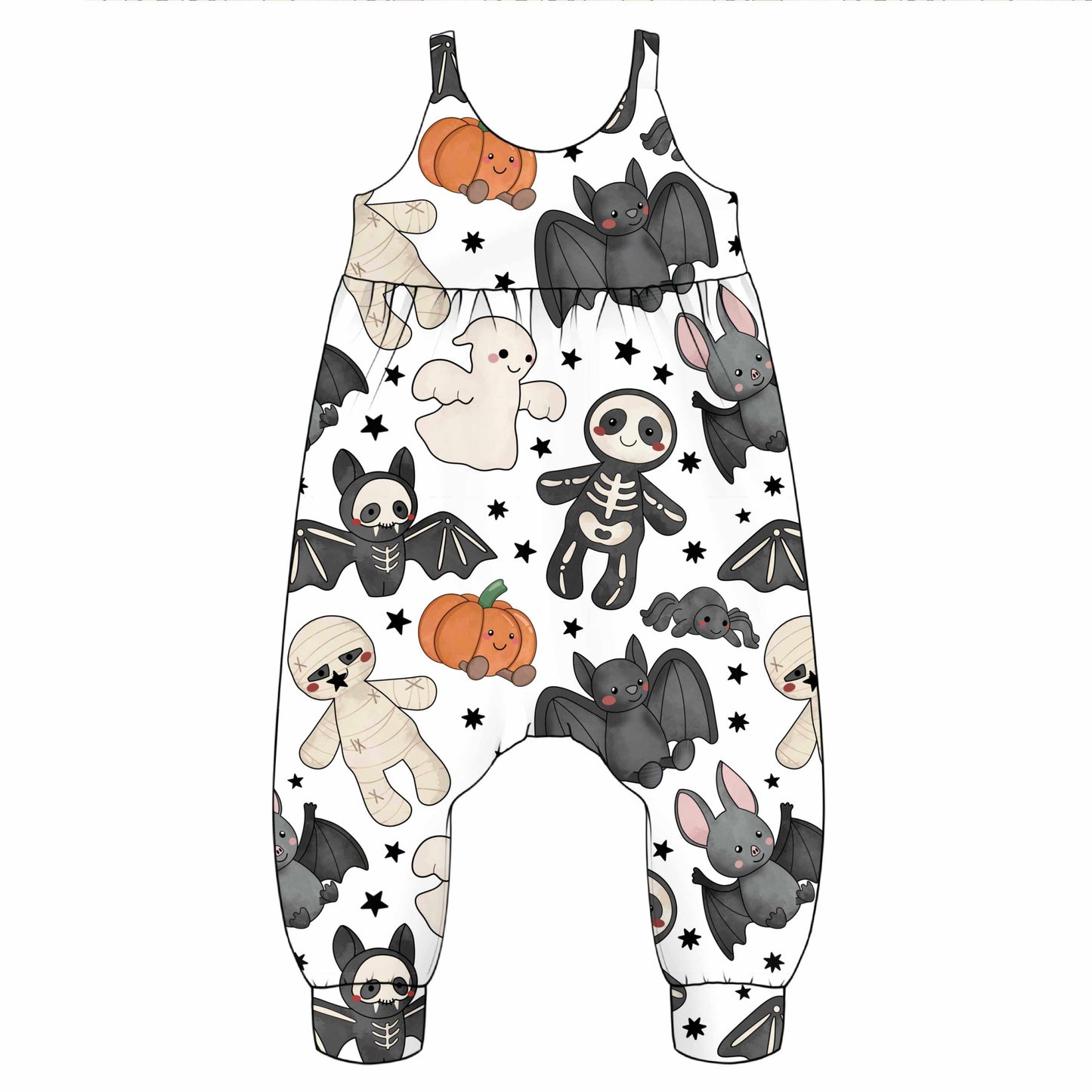 A white sleeveless baby jumpsuit with a Halloween print featuring cartoon bats, mummies, skeletons, ghosts, and pumpkins, shown against a plain white background.