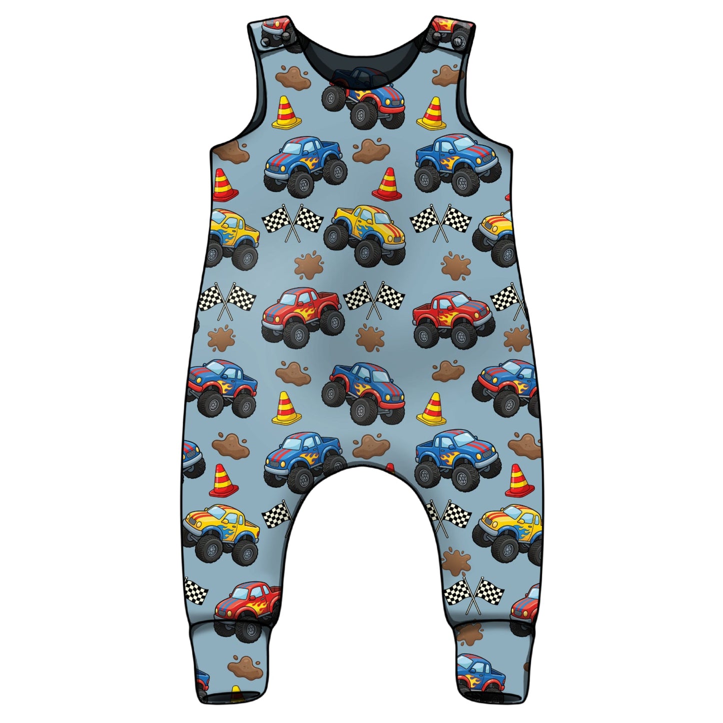 Children's sleeveless romper with monster truck pattern on a light blue background