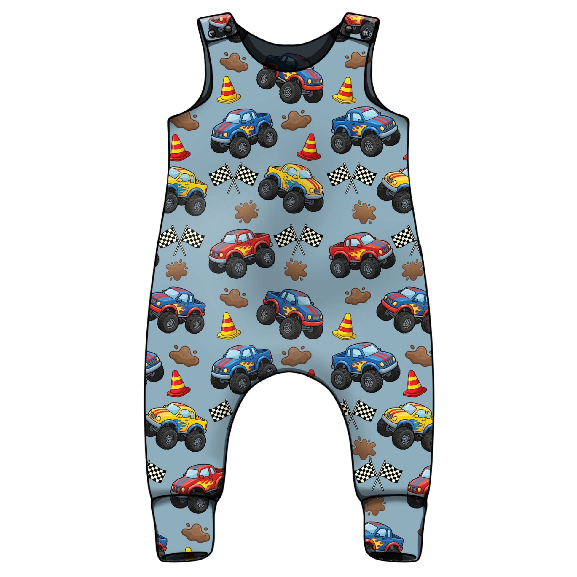 Children's sleeveless romper with monster truck pattern on a light blue background