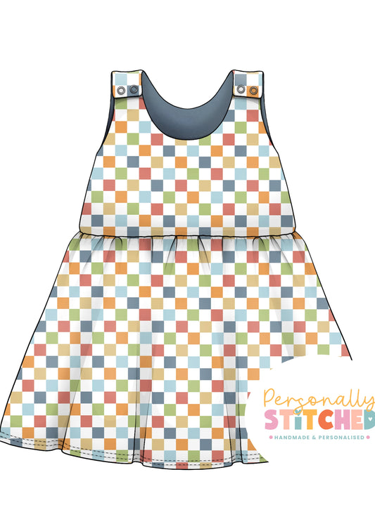 Muted Check Print French Terry Blossom Dress