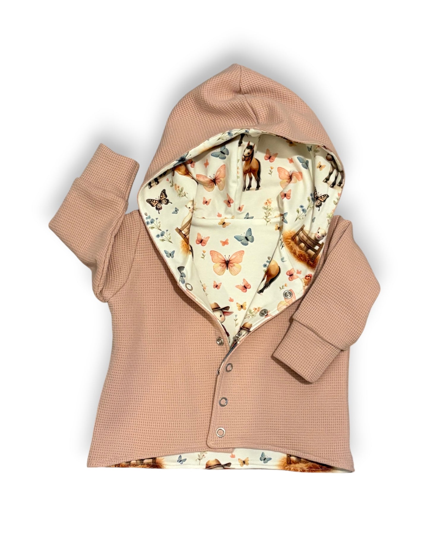 6-9 Months - On The Farm Print & Pink Waffle Knit Hooded Cardigan (READY TO POST)