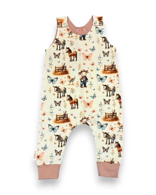 6-9 Months - On The Farm Print Organic Cotton Jersey Dungaree Romper with pink contrast cuffs (READY TO POST)