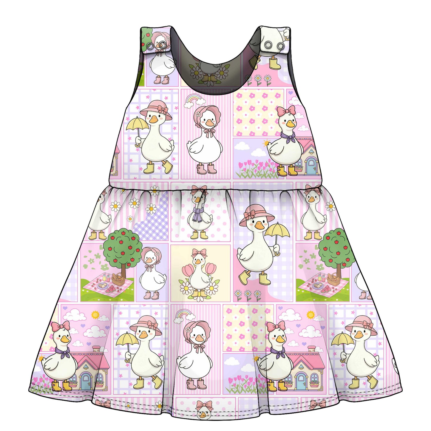 Children's dress with goose and girl pattern on a white background