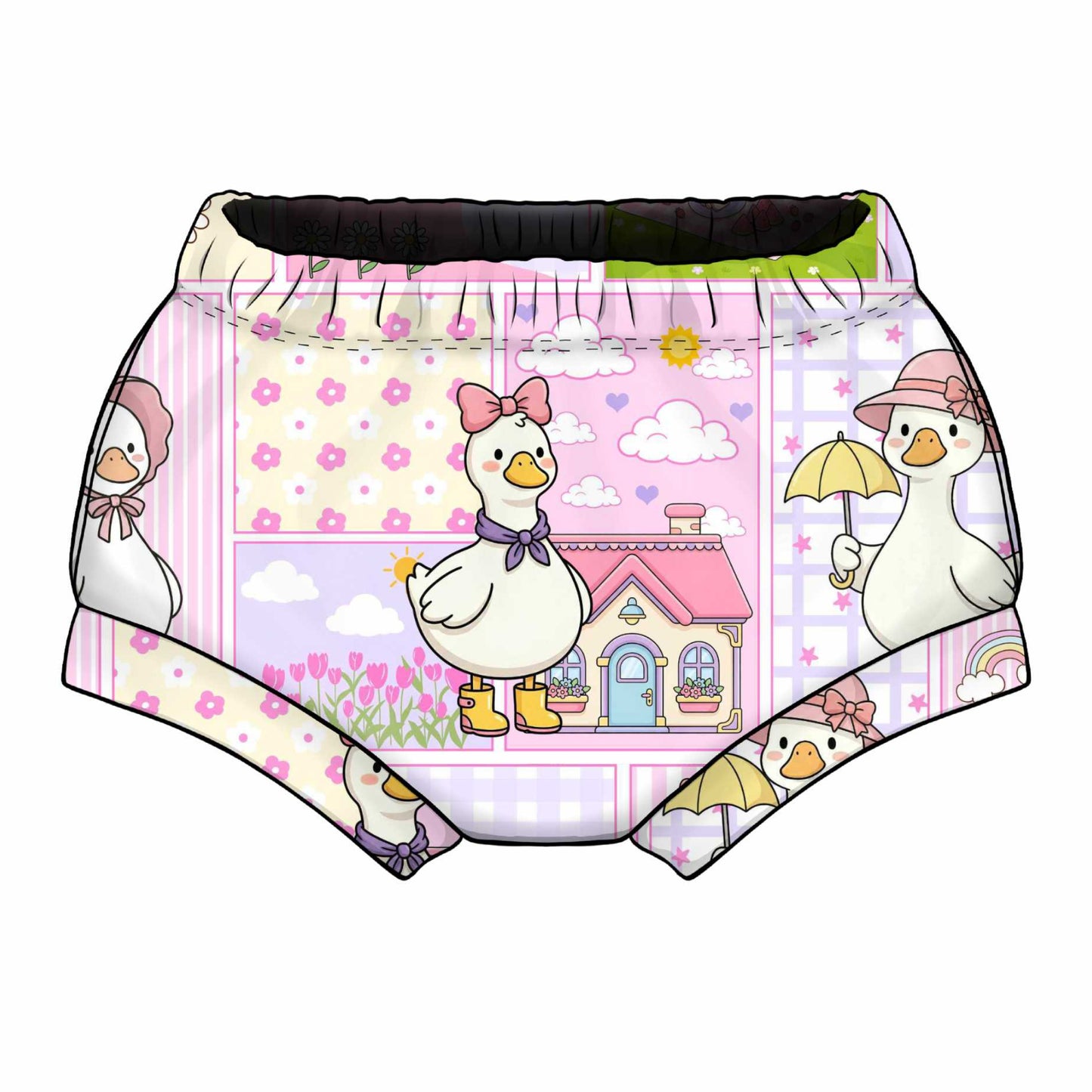 Cartoon duck design on baby bummies with a white background