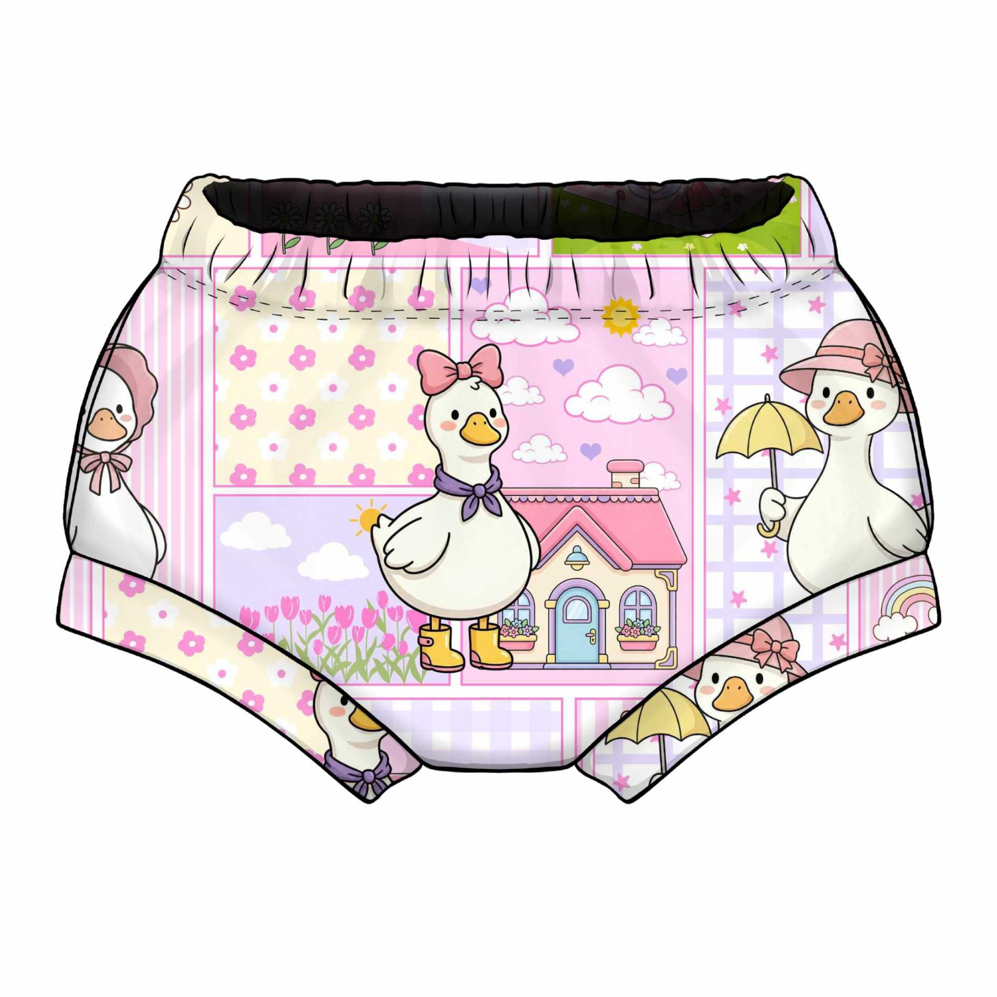 Cartoon duck design on baby bummies with a white background