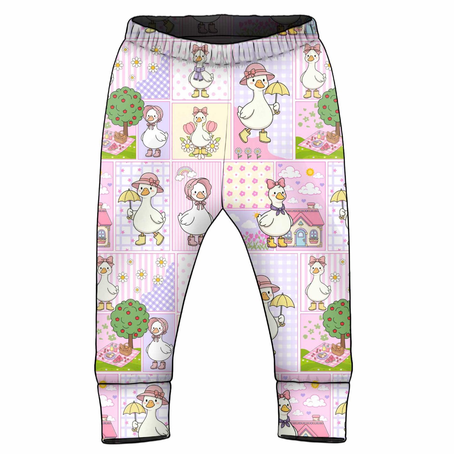 Children's cuff jersey leggings with a cartoon patchwork silly goose pattern 