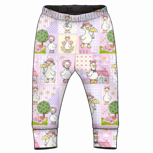 Children's cuff jersey leggings with a cartoon patchwork silly goose pattern 