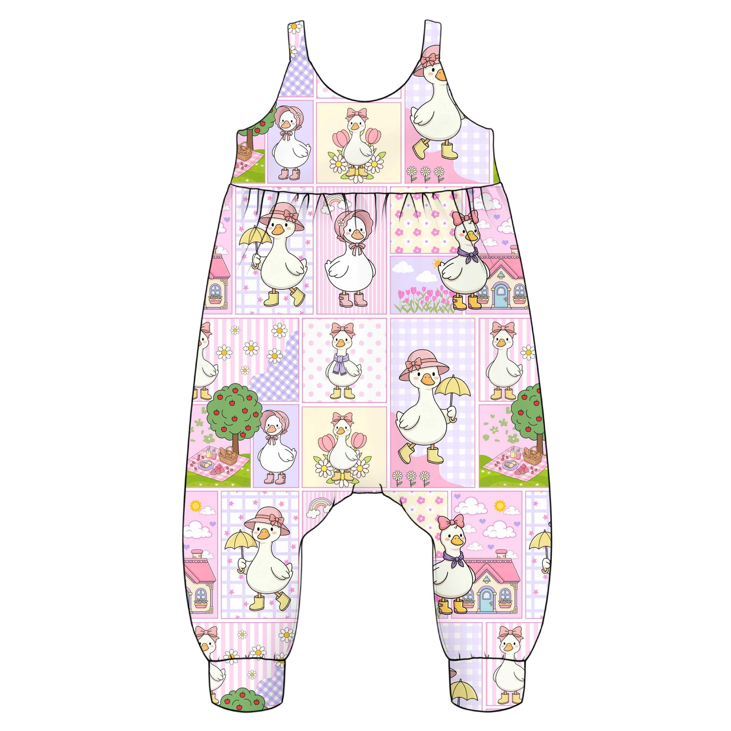 Children's napa romp0er with a pattern of cartoon silly goose patchwork design 
