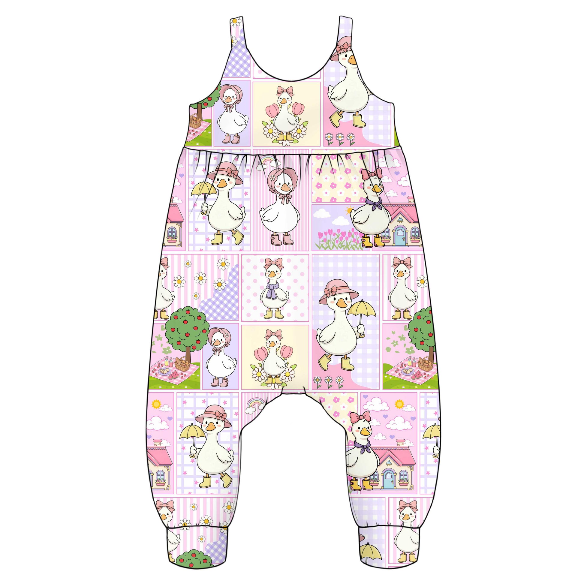 Children's napa romp0er with a pattern of cartoon silly goose patchwork design 