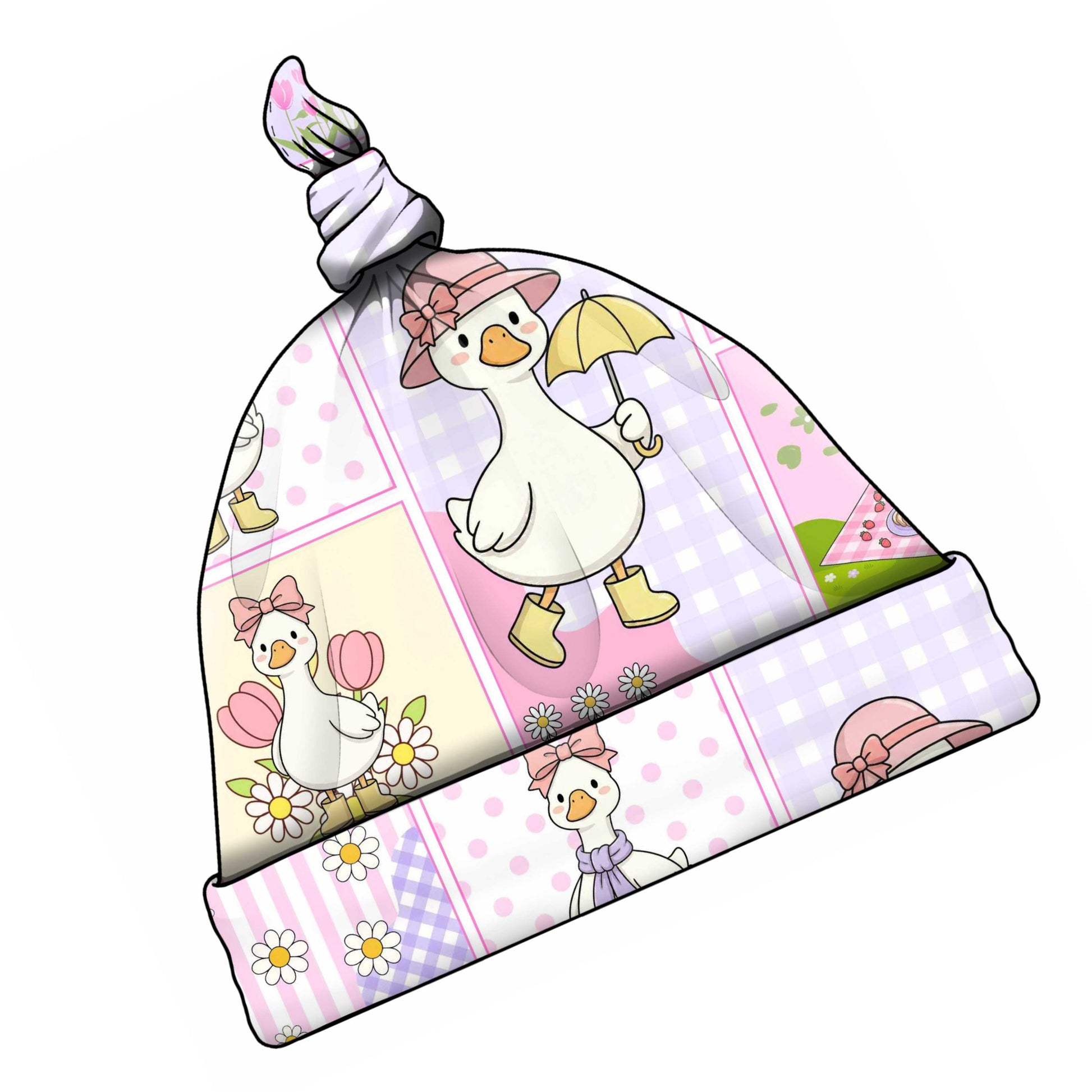 Colourful baby hat with cartoon goose design on a white background