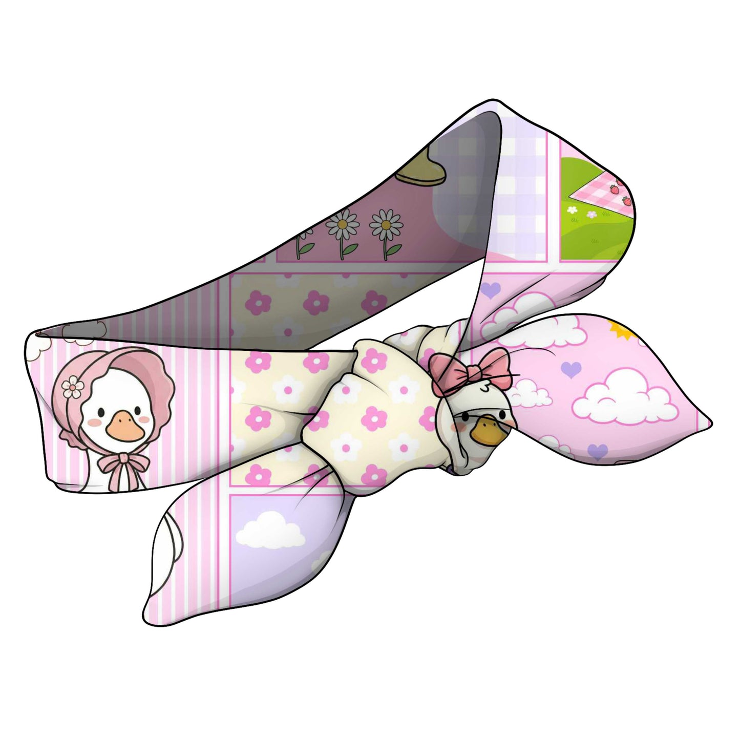 Colourful headbands with cartoon goose designs on a white background