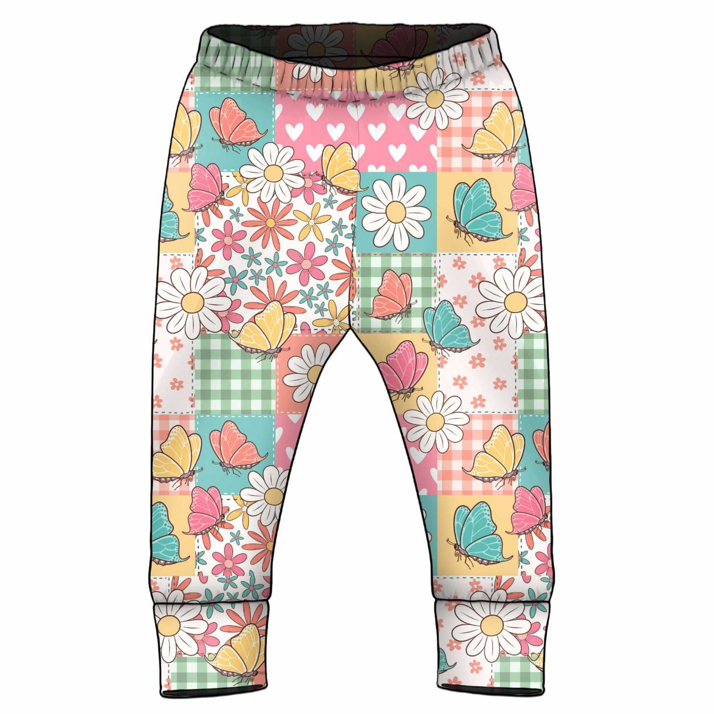 Colourful patterned pants with flowers and butterflies on a patchwork background