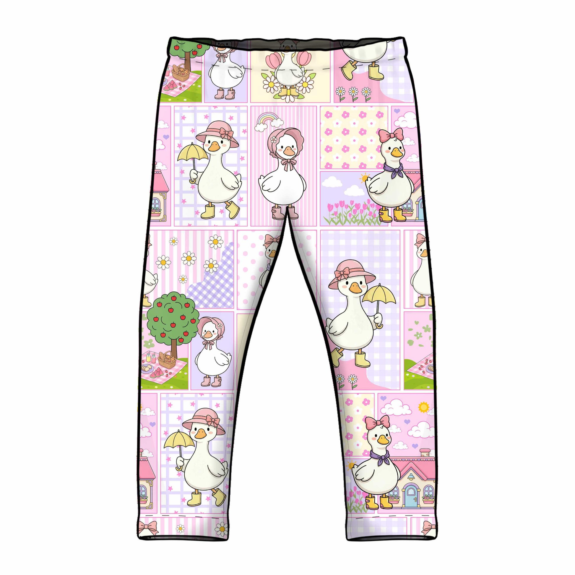 Leggings with a cartoon duck pattern on a white background