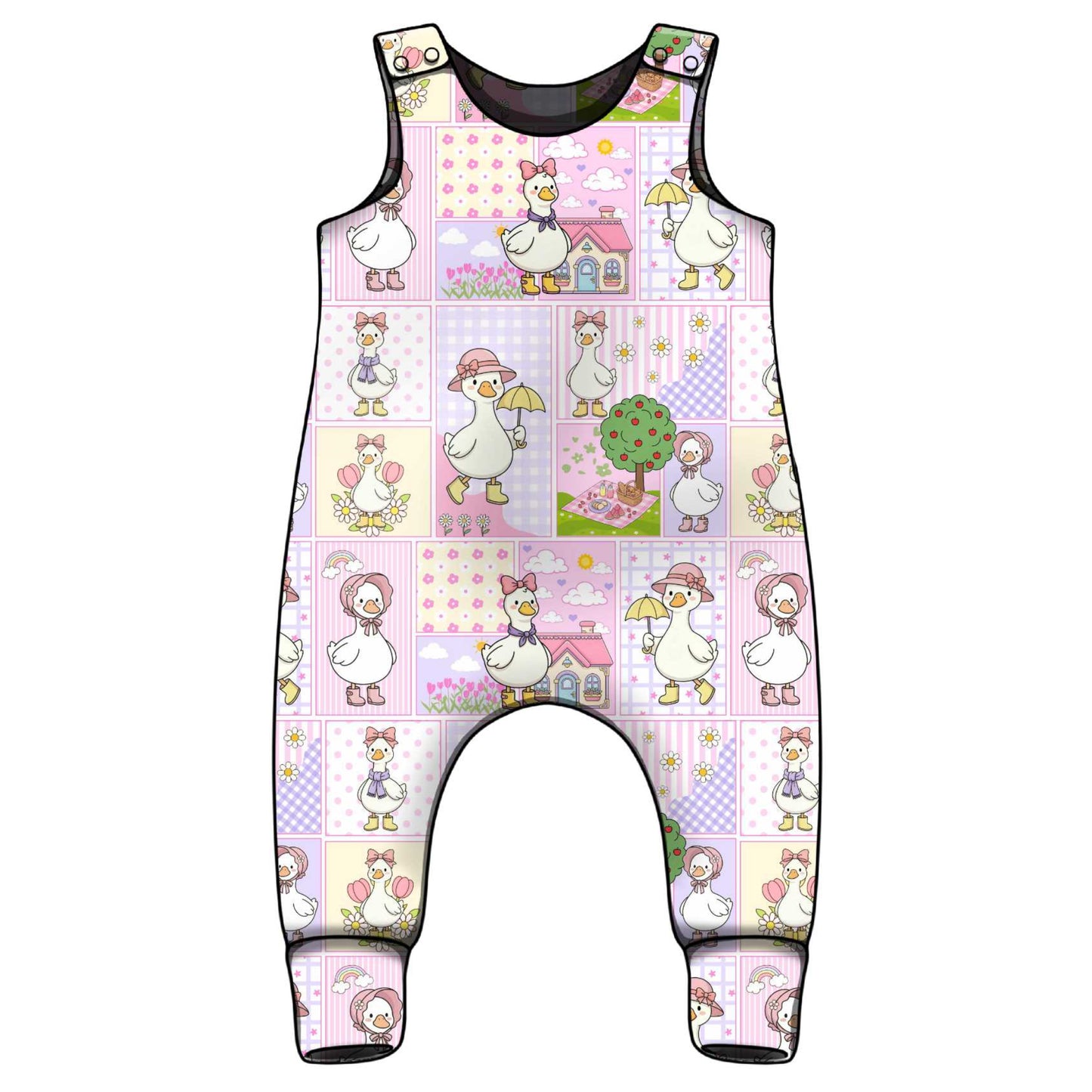 Baby romper with cartoon silly goose patchwork pattern. 