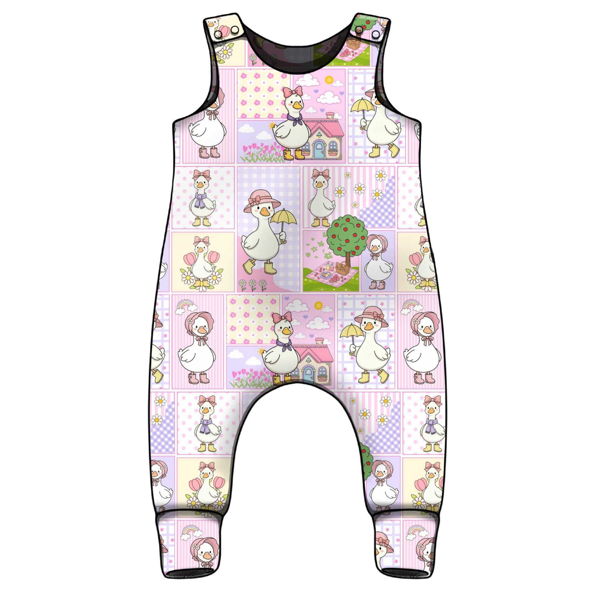 Baby romper with cartoon silly goose patchwork pattern. 