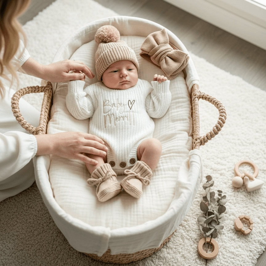 A newborn baby wearing a personalised knitted romper with name embroidered on the chest, a beige knit pom-pom hat, and matching booties and headband, new baby gift.