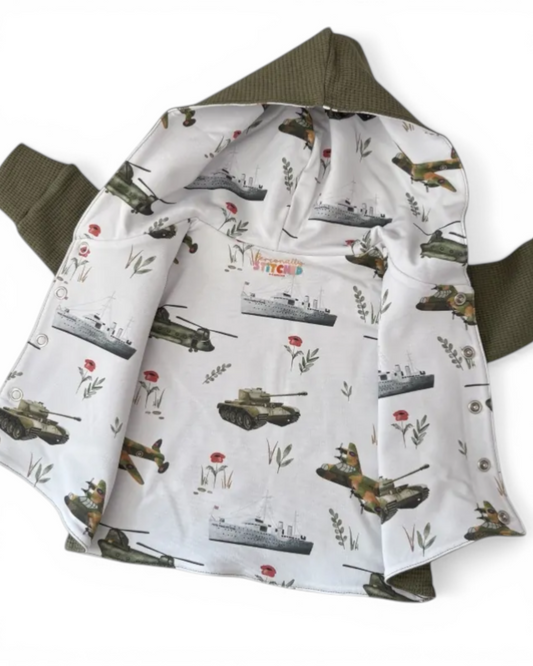 Personally Stitched army green waffle knit hooded cardigan with a military print lining featuring tanks, planes, and ships.