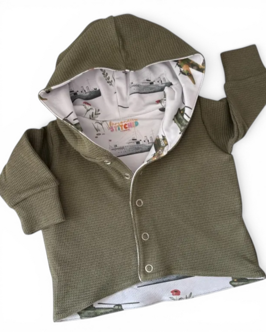 Personally Stitched army green waffle knit hooded cardigan with snap closure and vintage military print lining.