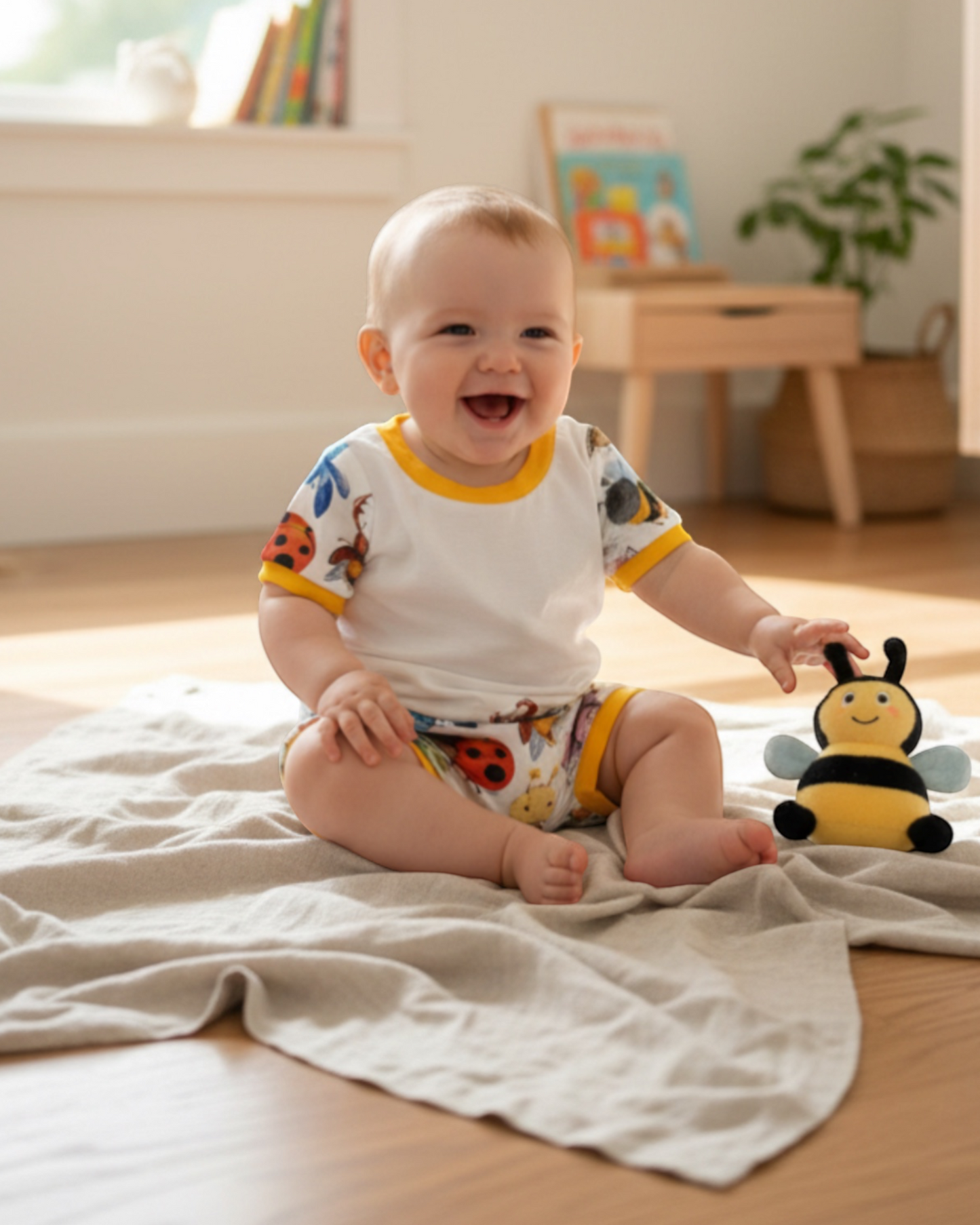 Personally Stitched handmade white organic cotton jersey t-shirt and bummies set with a playful bug print and yellow trim.