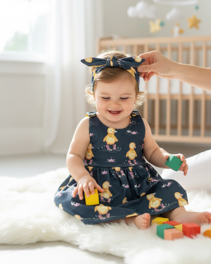 Personally Stitched dark blue jersey dress with yellow lining, featuring a cute duck print in pink boots and paper boats. Popper fasteners at shoulders.