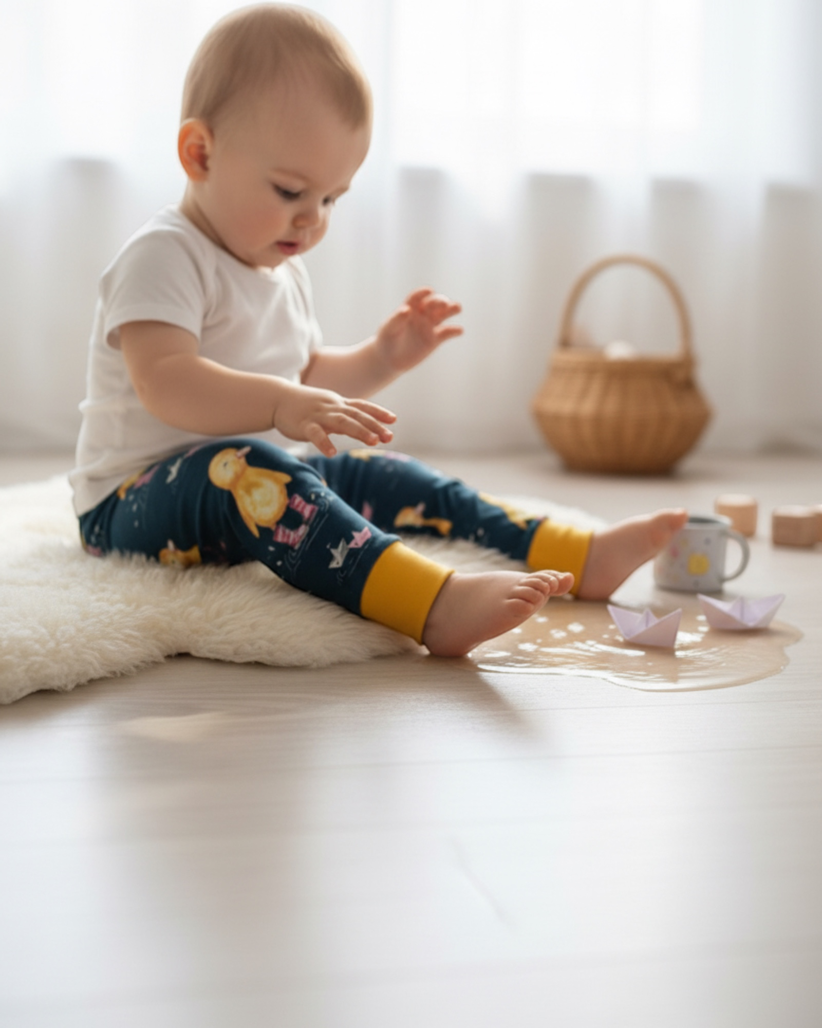 Personally Stitched dark teal jersey leggings for babies with a yellow duck print and mustard yellow cuffs.