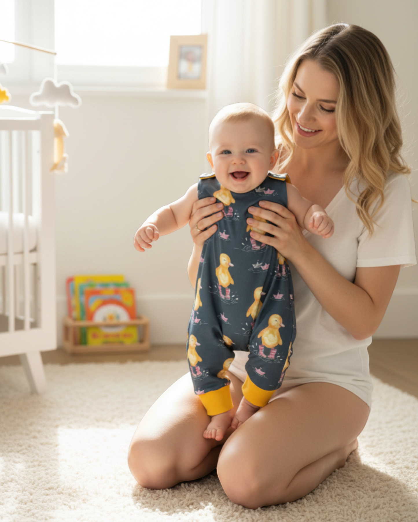 Personally Stitched dark grey organic cotton romper for babies with a playful duckling print and yellow cuffs. Features popper fasteners.