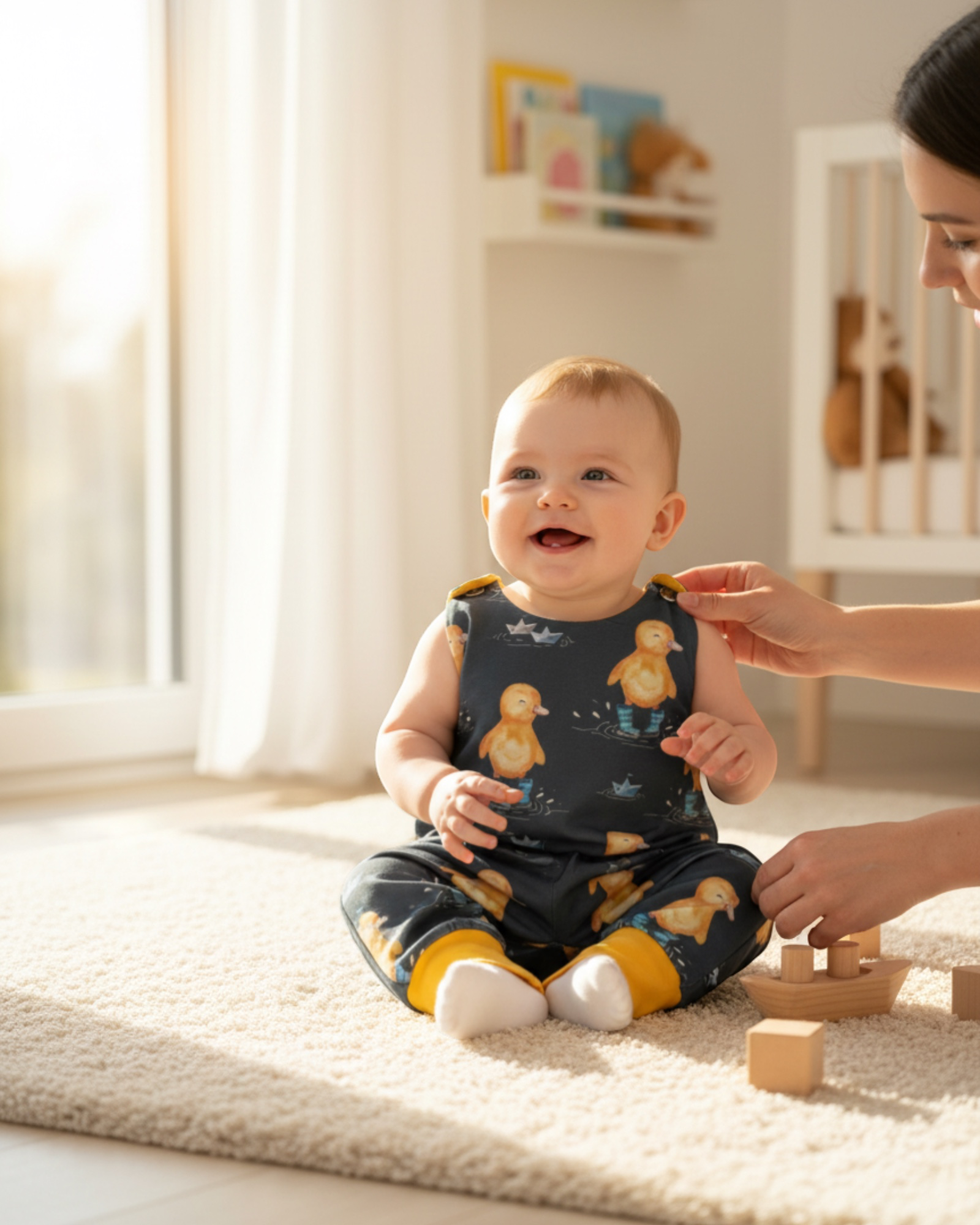 Personally Stitched dark grey romper with a playful duckling print in blue boots and paper boats. Features yellow cuffs and shoulder poppers.