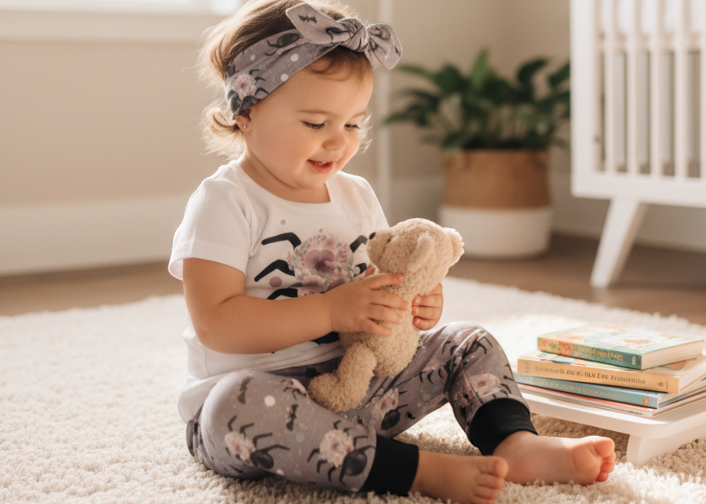 Personally Stitched 3-piece baby outfit: white t-shirt with floral spider, grey floral spider print pants, and matching headband. French terry.