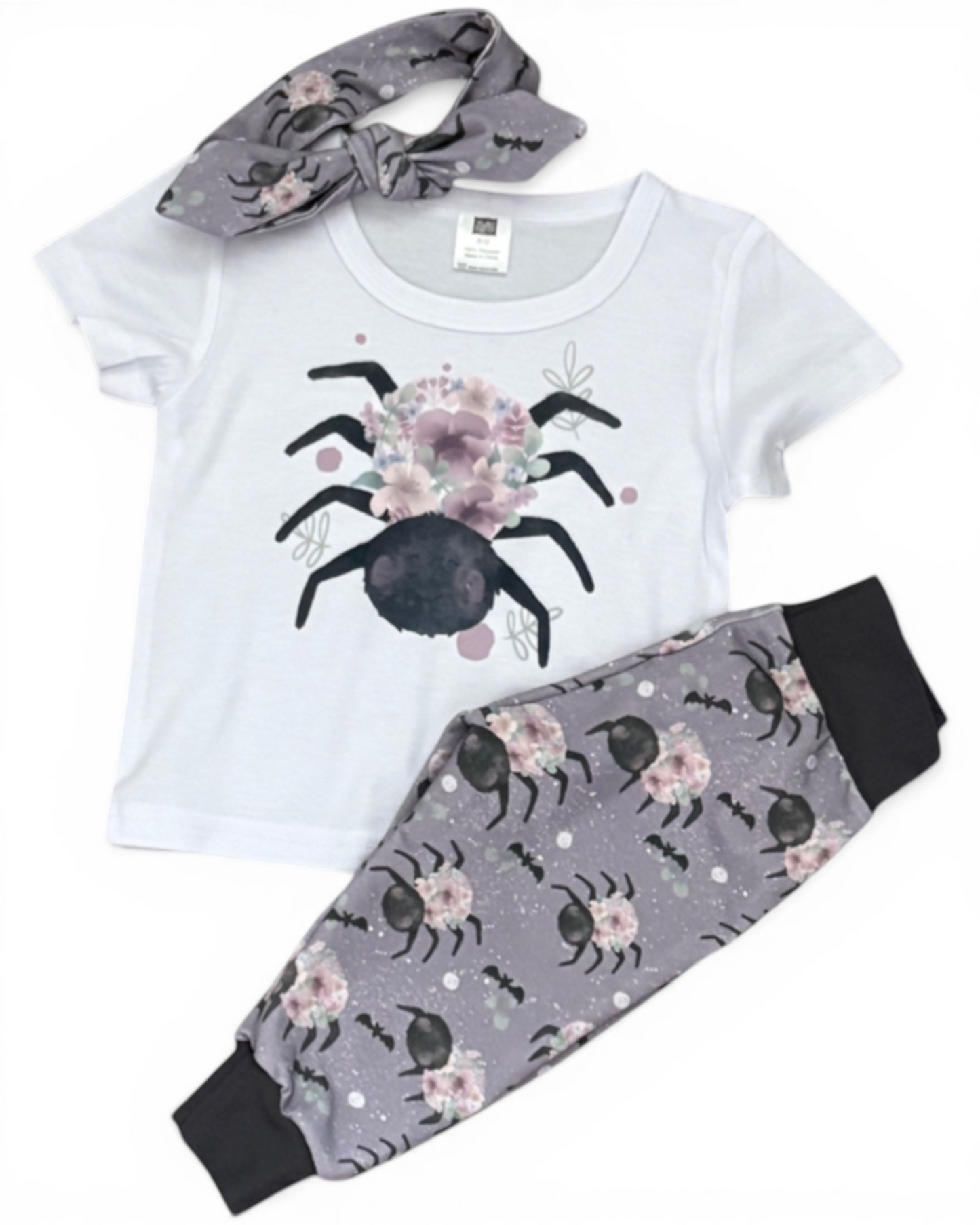 Personally Stitched 6-9 months white t-shirt and floral spider print French terry pants and headband.