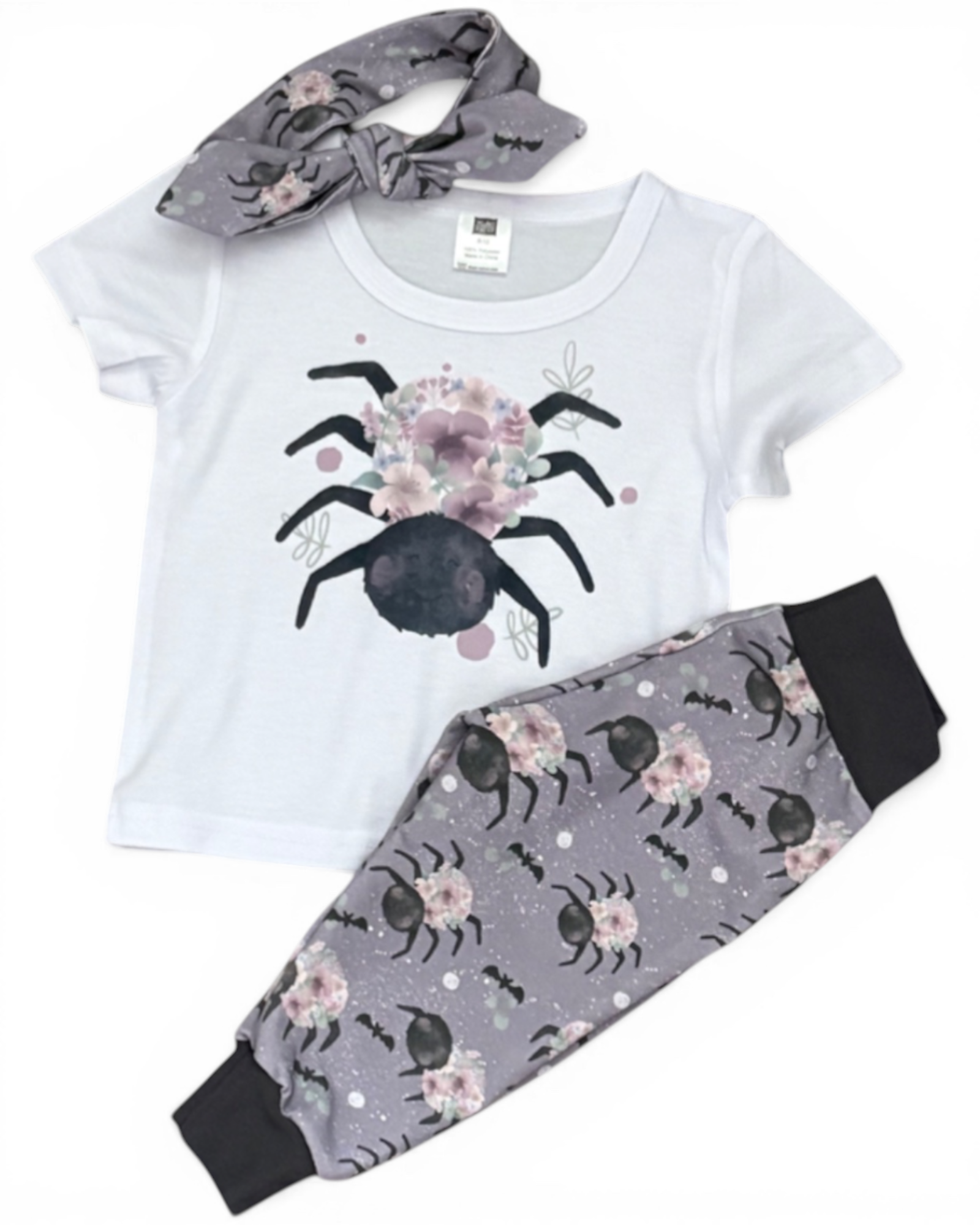 Personally Stitched 6-9 months white t-shirt and floral spider print French terry pants and headband.
