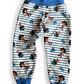 Personally Stitched blue and white striped organic cotton jersey joggers for 2-3 years with a fun pirate print, yoga waistband and cuffs.