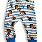 Personally Stitched 6-9 month baby leggings with blue and white stripes and a pirate print, featuring blue cuffs. Made from organic jersey.