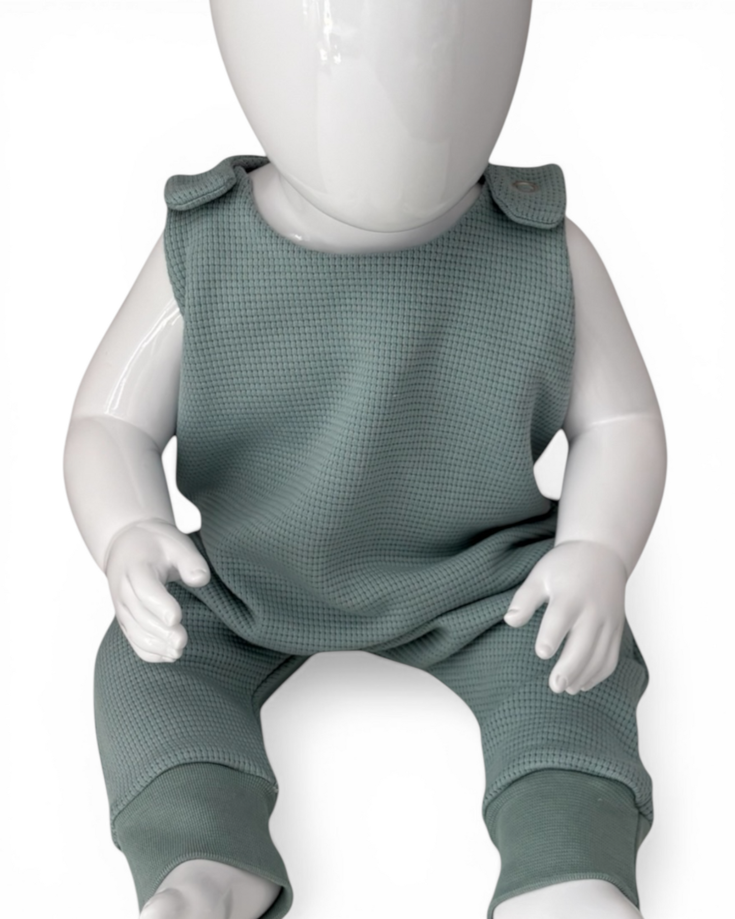 Personally Stitched sea green waffle knit cotton romper for 0-3 months. Handmade, breathable, and Oeko-Tex certified.