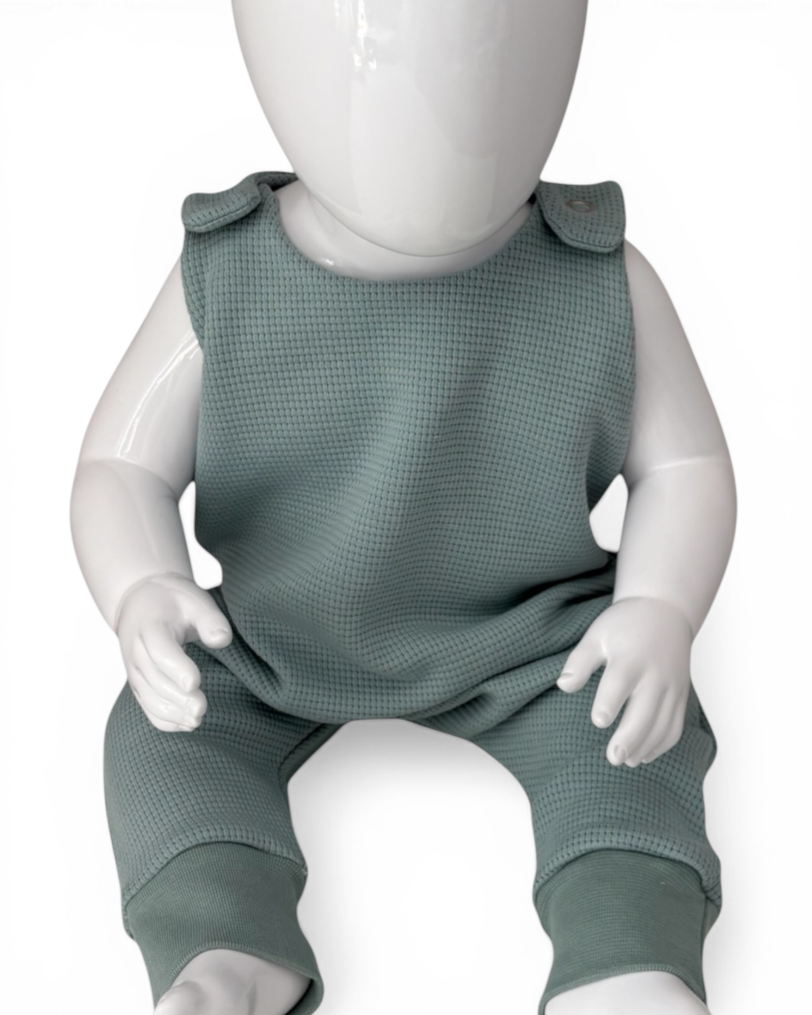 Personally Stitched sea green waffle knit cotton romper for 0-3 months. Handmade, breathable, and Oeko-Tex certified.