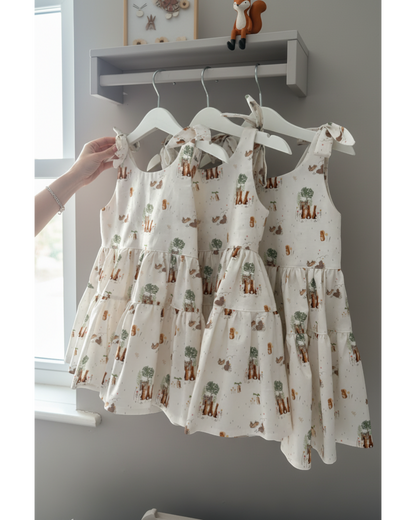 Personally Stitched limited edition cream cotton dress with woodland bunny print, tiered skirt, and shoulder tie straps. Perfect for Easter.