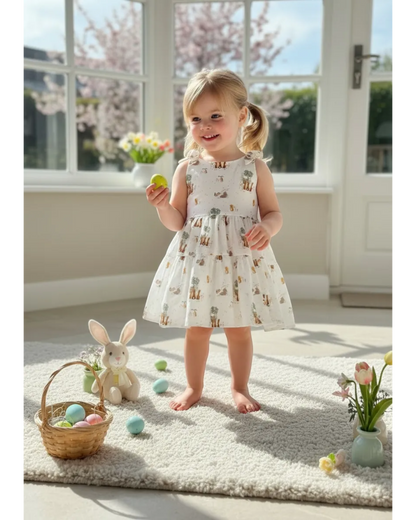 Personally Stitched limited edition white cotton dress with woodland bunny print, tiered skirt, and shoulder ties. Perfect for Easter.
