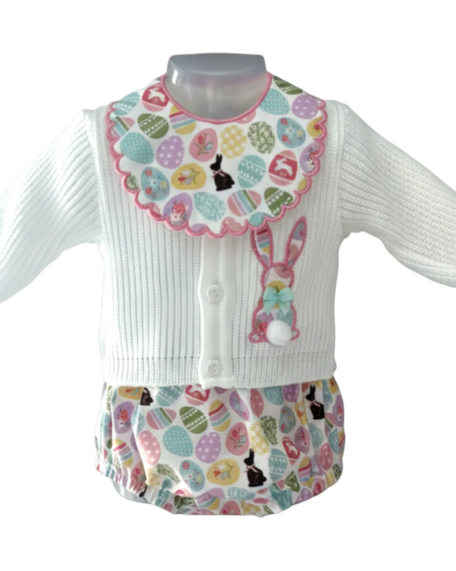Personally Stitched white knit 3-piece baby set with Easter egg print bib and bloomers, featuring a bunny applique.