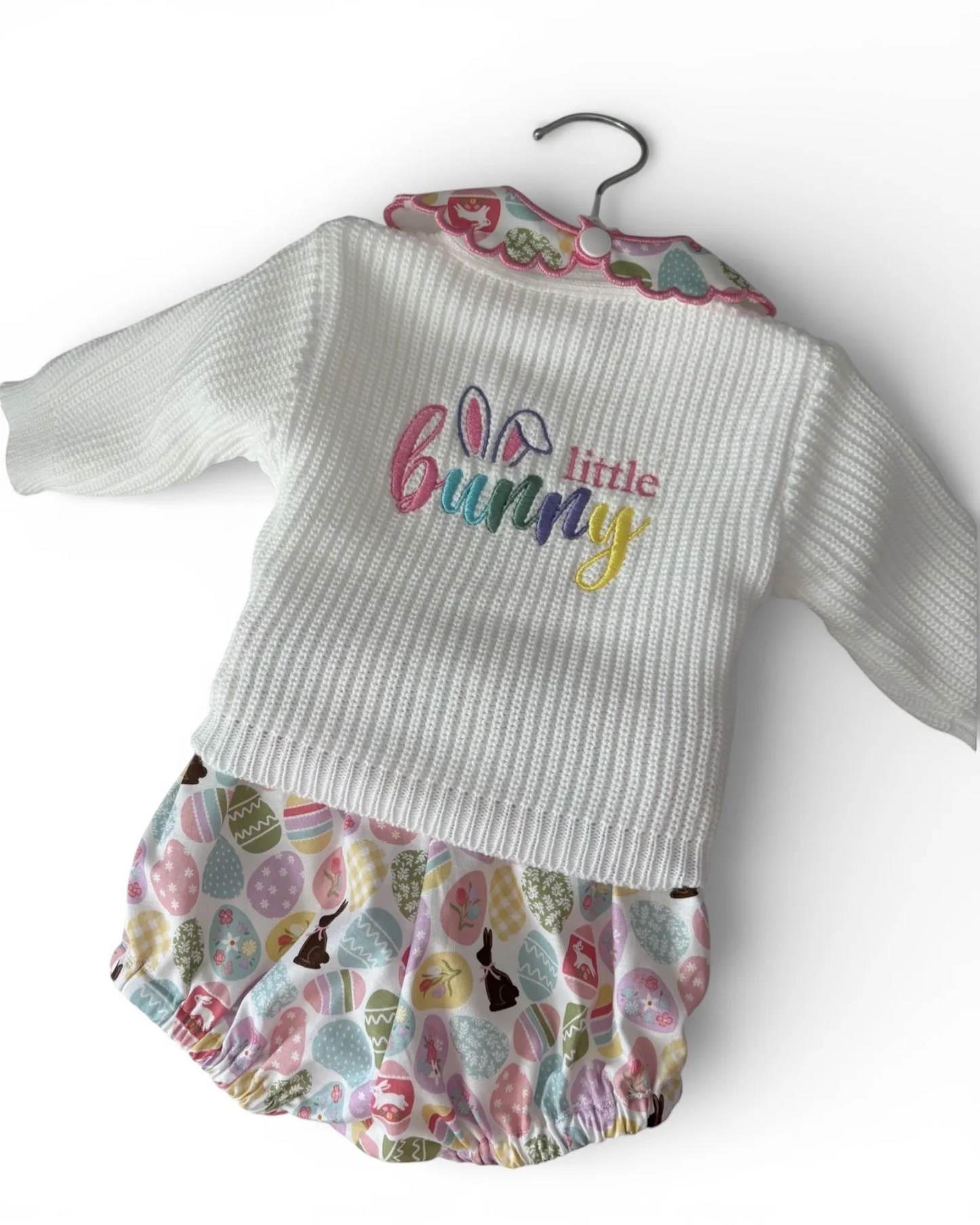 Personally Stitched white knit 3-piece baby set with Easter egg print bloomers and 'little bunny' embroidery.