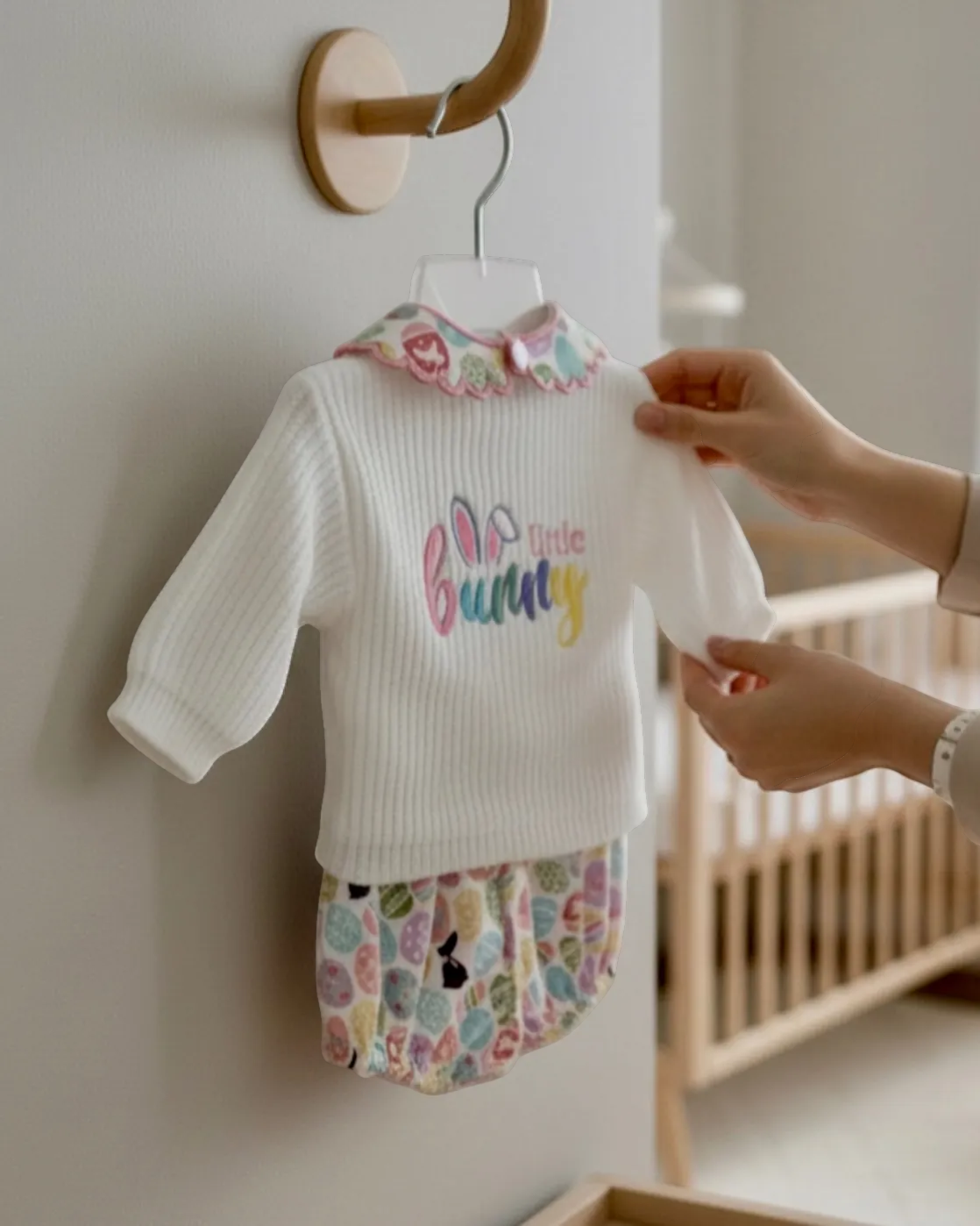 Personally Stitched white ribbed knit 3-piece baby set with "Little Bunny" embroidery and pastel Easter egg print bloomers.