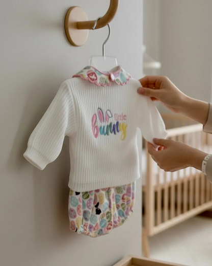 Personally Stitched white ribbed knit 3-piece baby set with "Little Bunny" embroidery and pastel Easter egg print bloomers.