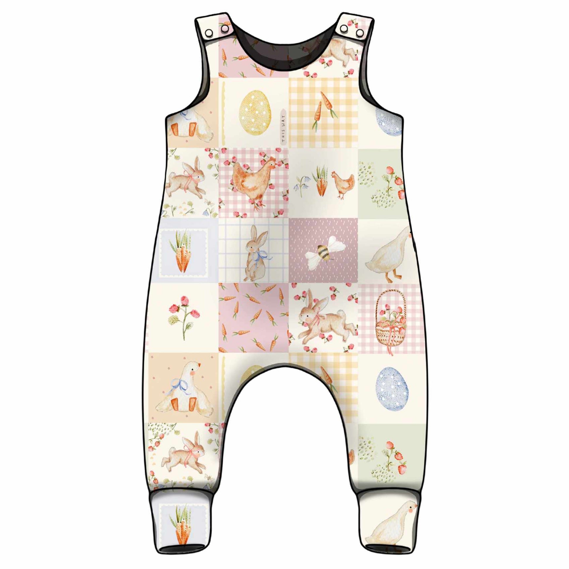 Baby romper with Spring-themed patchwork design with matching print for the ankle cuffs.