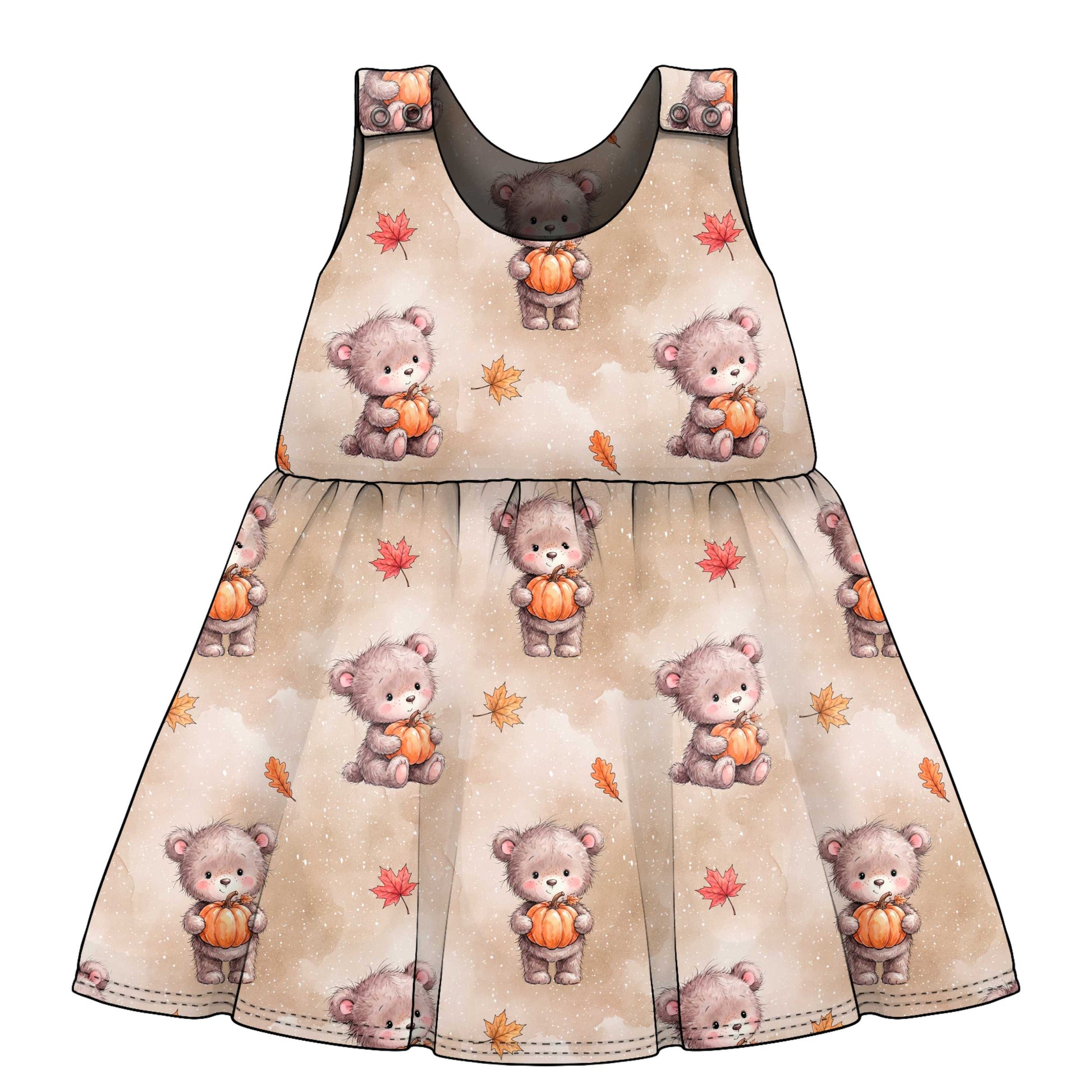 Children's dress with teddy bear pattern on a beige background